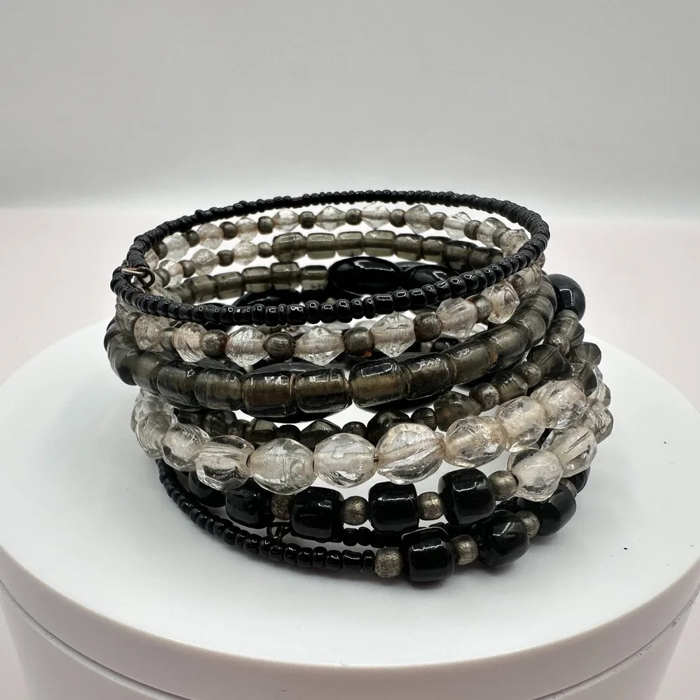 Vintage 90s Beaded Memory Wire Wrap Bracelet Boho Statement Women's Jewelry